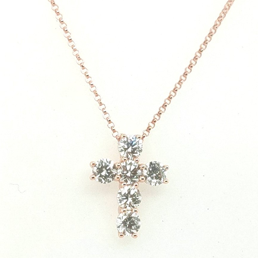 18k Rose Gold 1.42ctw 6 Gh Si Round Diamond Shared Prong Cross Pendant Necklace 15-16