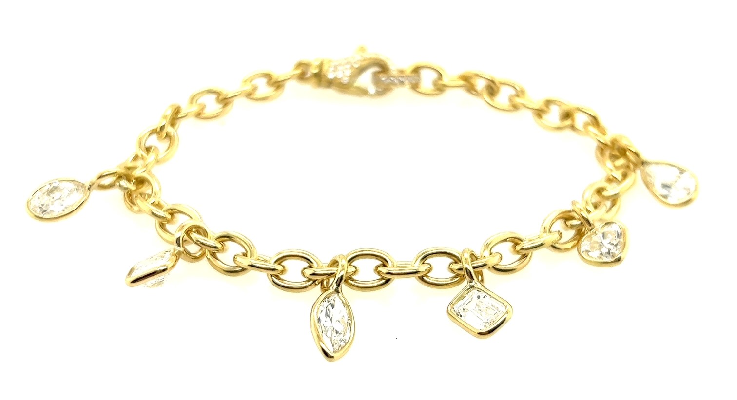 18kt Yellow Gold Charm Bracelet 6 Bezel Set Diamonds 4.20ctw Oval Asscher Marquise Emerald Cut Heart Pear 7"