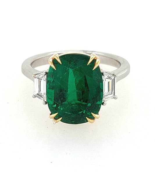 Korman Signature 18kt White and Yellow Gold Cushion Cut Emerald and Diamond 3 Stone Ring