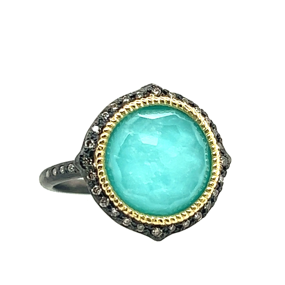 Armenta 18k Yellow Gold & Blackened Silver Sterling Silver Pointed 12mm Round Natural Turquoise/white Topaz Ring With Champagne Diamonds Size 6.5