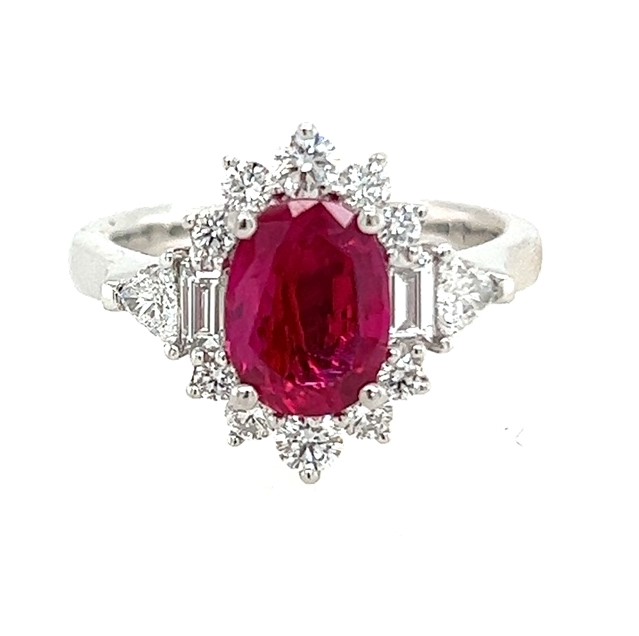 Platinum Oval 1.78ct Ruby 5rd 0.42ctw 2 Stbagdia 0.17ctw 2 Trilldia 0.23ctw G/vs+ Size 6.5