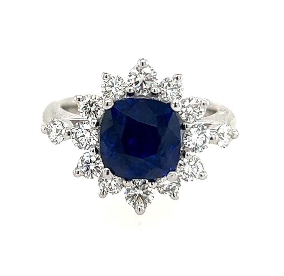 Platinum Ring W/ 4.01ct Sq Cushion Blue Sapphire & 14 Rbc 1.11ctw G/vs+  Alt Sizes Dia Halo Ring Serial # Rb32535k Size 6.50
