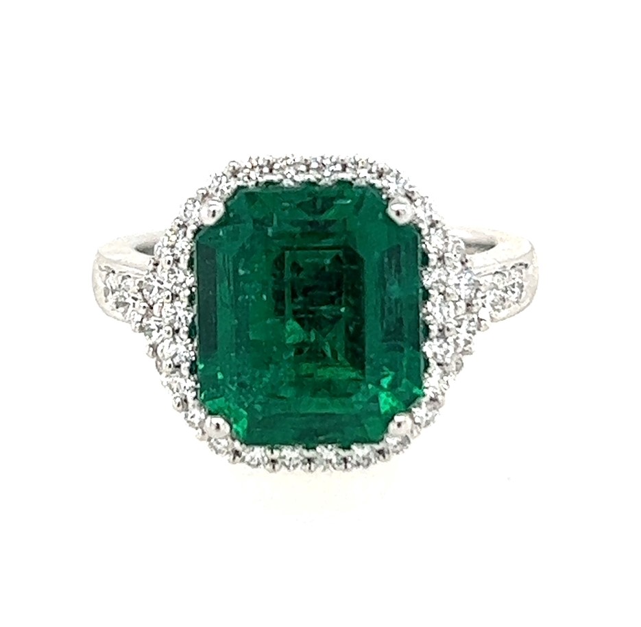 Platinum Ring W/ 5.07ct Emerald Cut Green Emerald & 0.49ctw Round Diamond G/vs2+ Serial # Re37511 Size 6.50