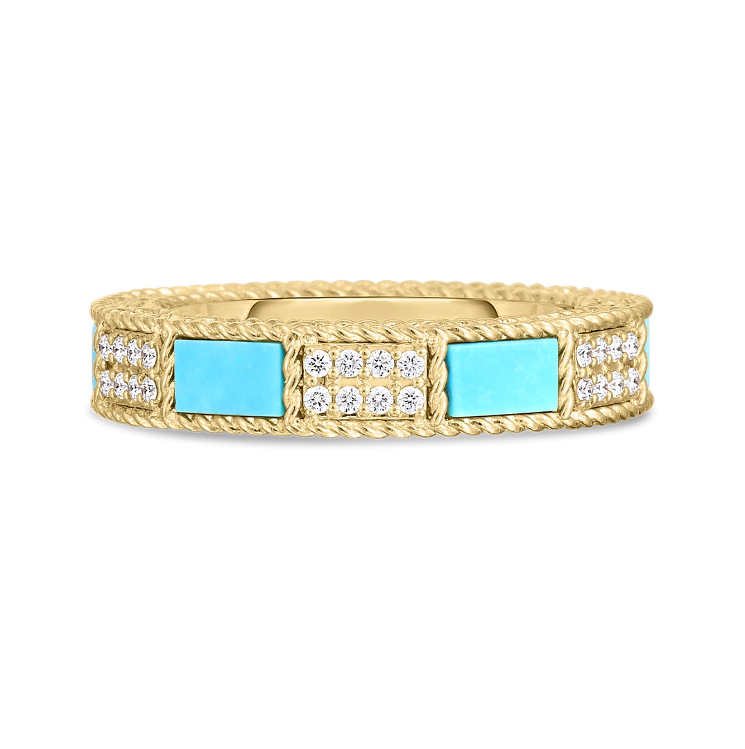 Roberto Coin 18k Yellow/white Gold Mosaic Alternating Diamond & Turquoise Ring D=0.15ctw Gh/si Size 6.5