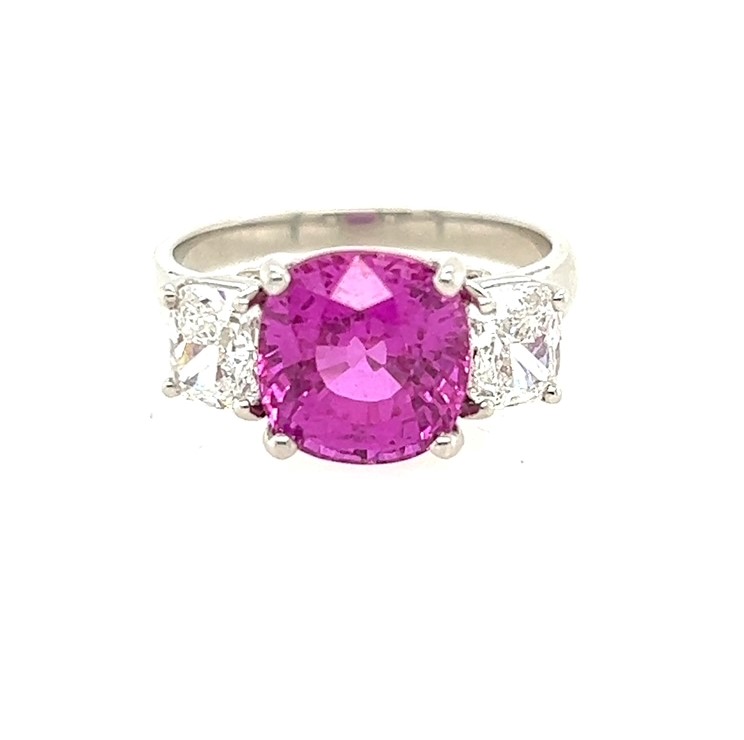 Oscar Heyman Platinum 3-stone Ring 4.37ct Cushion Pink Sapphire & (2) 1.20ctw Cushion Diamonds Fg/vs+ Sz 6.5