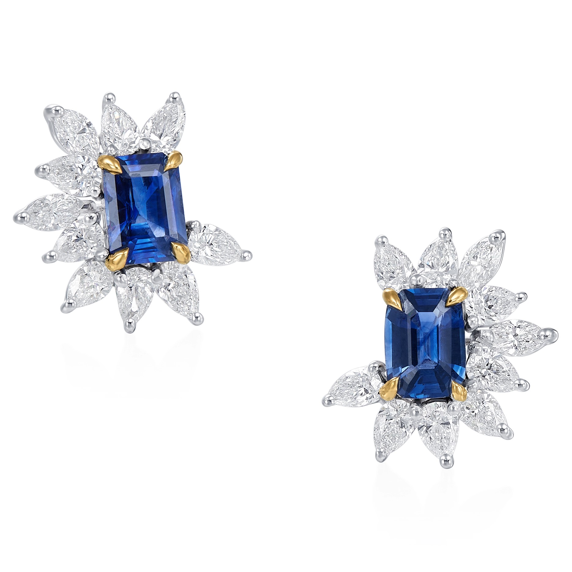 Korman Signature 18kt White and Yellow Gold  Emerald Cut Sapphire and Pear Shaped Diamond  Stud Earrings