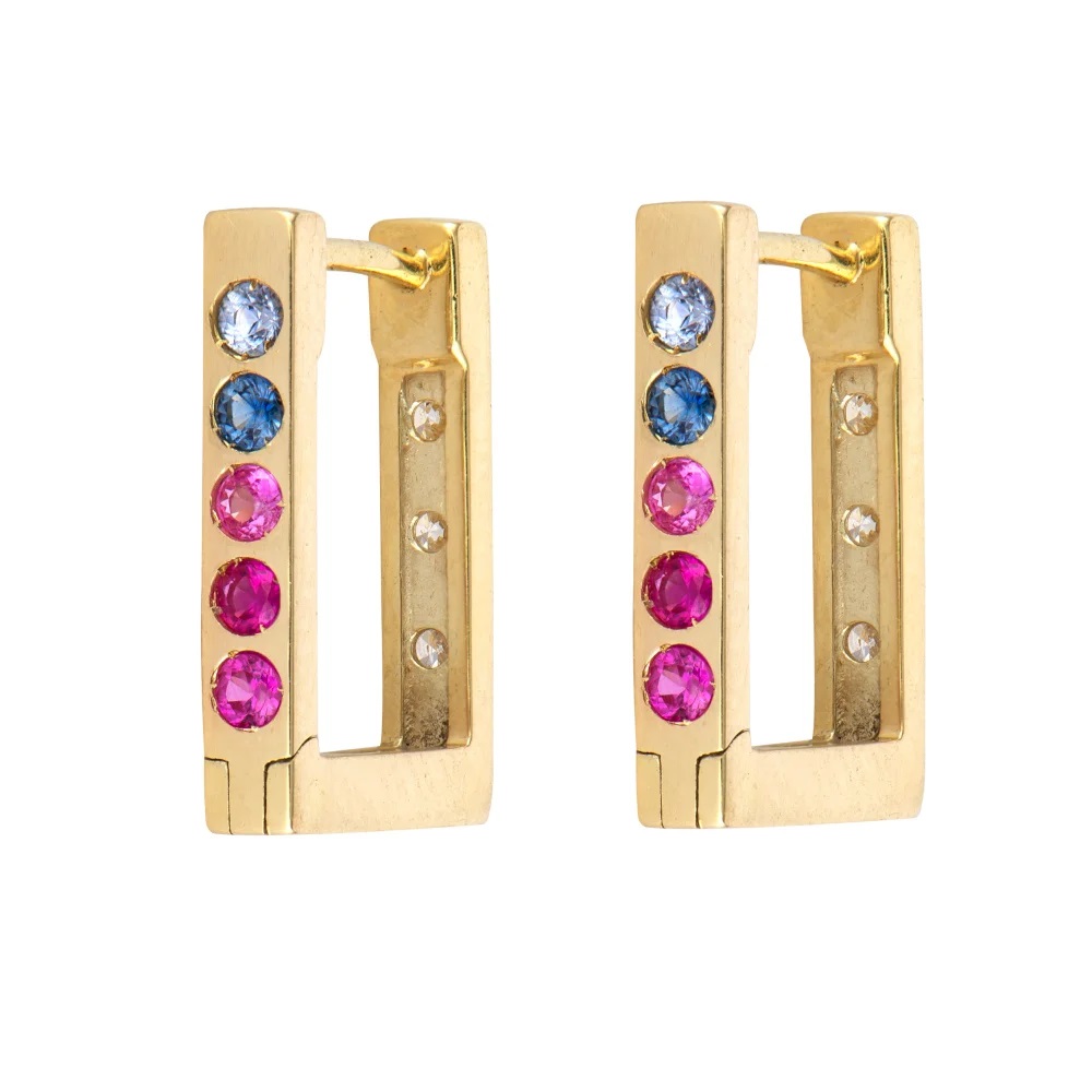 14kt Double Sided Small Rectangular Hoop Earrings