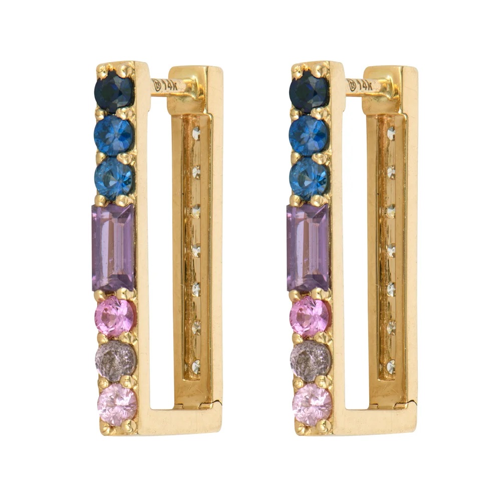 14kt Reversible Ombre Sapphire Rectangular Hoops