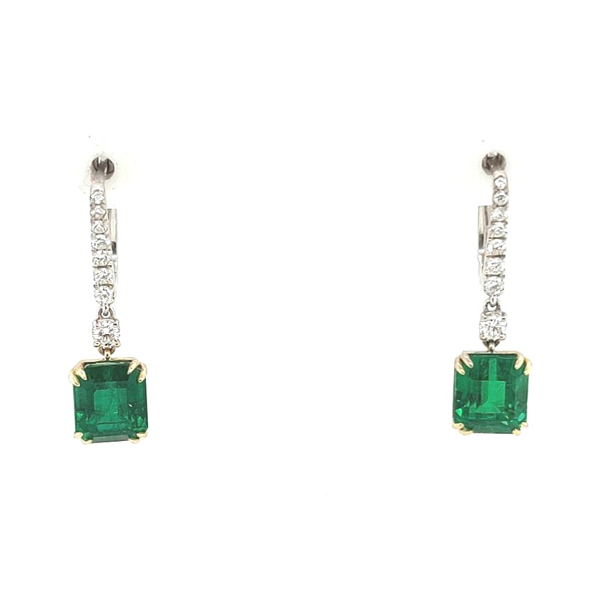 Korman Signature 18kt White Gold Emerald Cut Emerald and Round Diamond Hoop Dangle Earrings