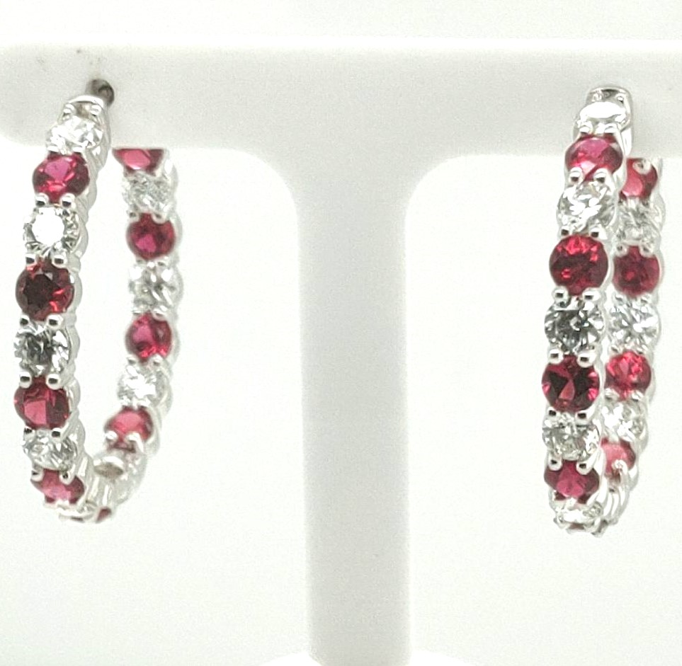 18k White Gold 3.88ctw 18 Round Diamond / 4.69ctw 18 Round Ruby Inside Out Hoop Earrings