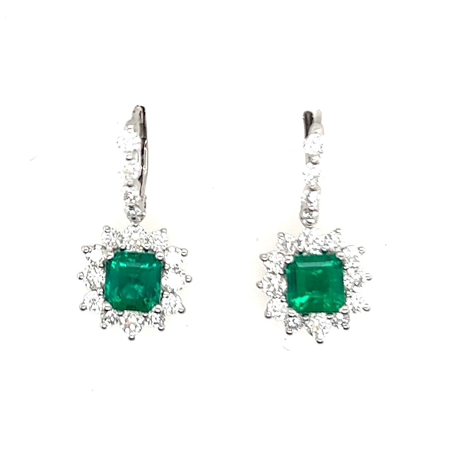 Korman Signature 18kt White Gold Drop Earrings with Emerald Cut Green Emeralds