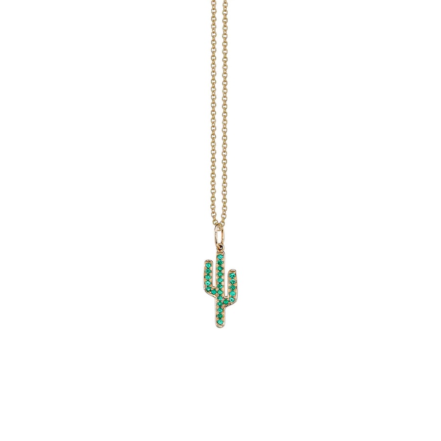 18kt Emerald Pave Cactus Charm Pendant Necklace