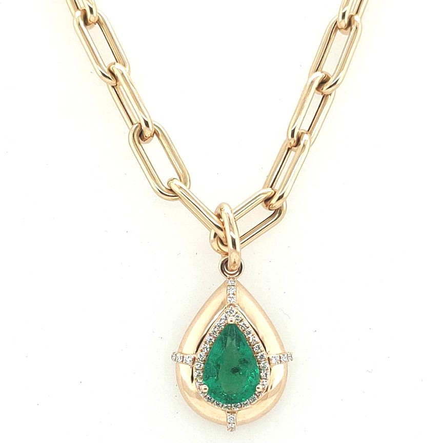 Goshwara 18k Yellow Gold 1.74ct Pear Emerald / 0.20ctw Round Diamond Halo 'g-one' Pendant On Paperclip Chain 16