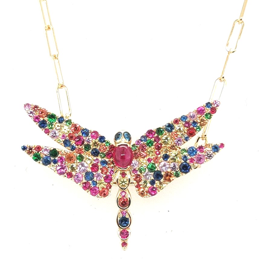 Goshwara 18k Yellow Gold 2.43ctw Multi Colored With Ruby Cab & Blue Sapphire 'g-one' Dragonfly 'g-one' Pendant 18