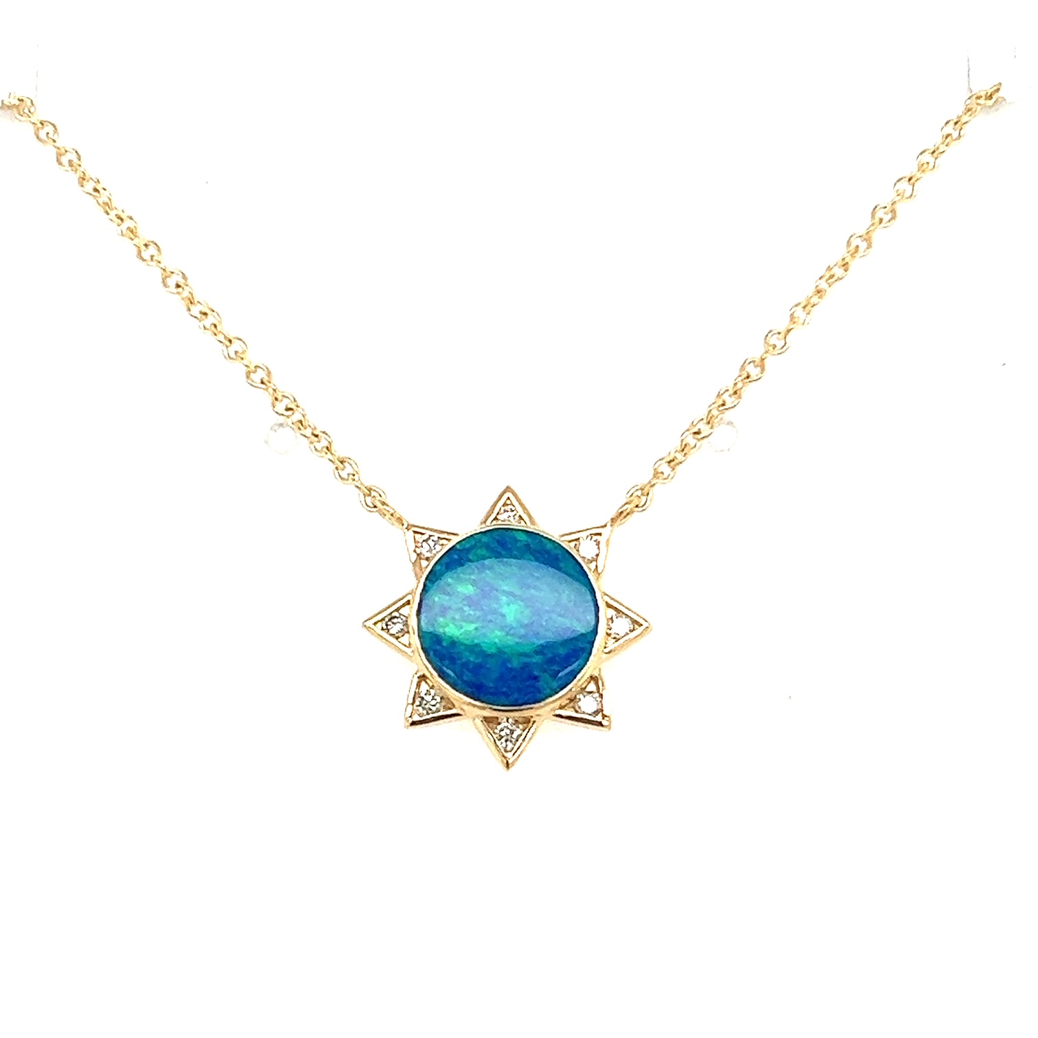 Syna 18kt Yellow Gold Cosmic Approx 3.20ct Boulder Opal Sun Pendant With 8 Diamonds 0.10ctw Fixed Onto 18 Chain