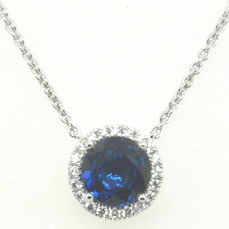 18k White Gold 2.16ct Round Blue Sapphire / 0.17ctw Round Diamond Halo Pendant Necklace 17
