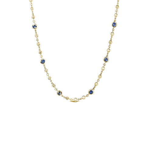 18kt Bezel Set Diamond And Blue Sapphire Necklace