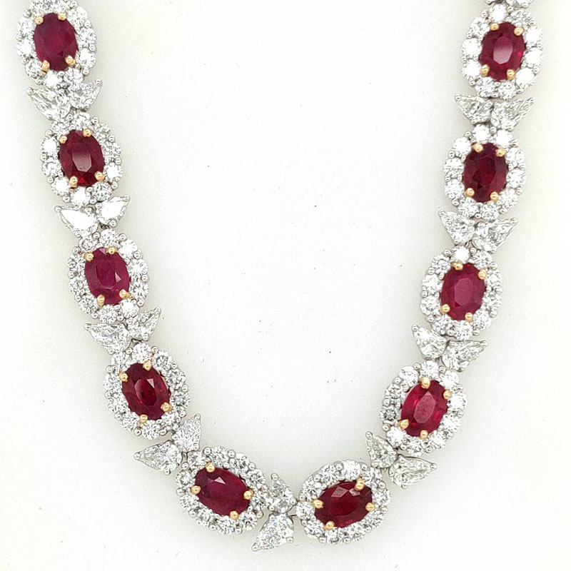 Korman Signature 18kt White Gold and Oval Rubies Halo Necklace with Round Diamonds