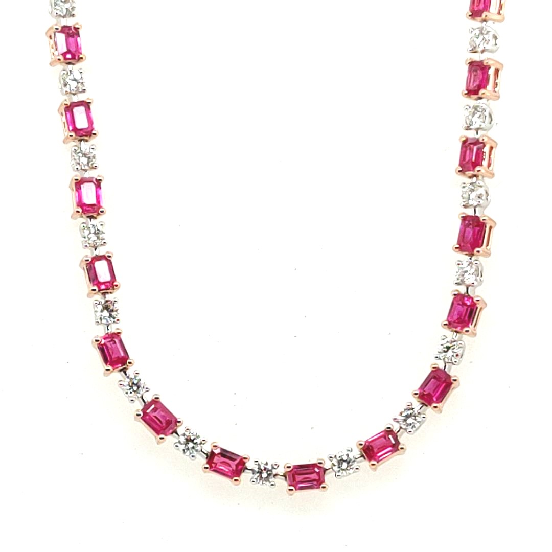 18k White And Rose Gold 8.82ctw Emerald Cut Ruby / 3.59ctw Round Diamond Tennis Necklace 16.5