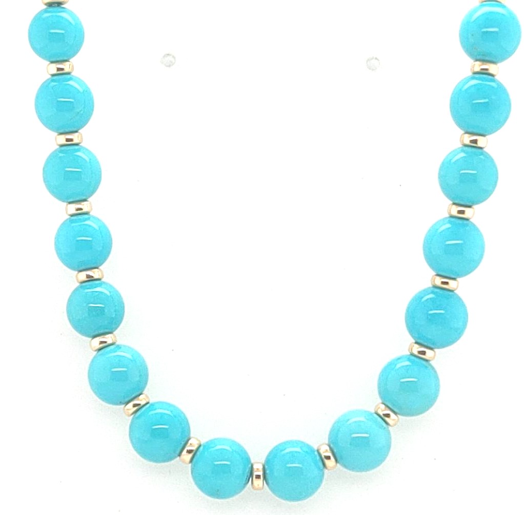 Syna Limited Edition 18k Yellow 110ctw Graduating Sleeping Beauty Turquoise Beaded Necklace W Toggle Clasp 18