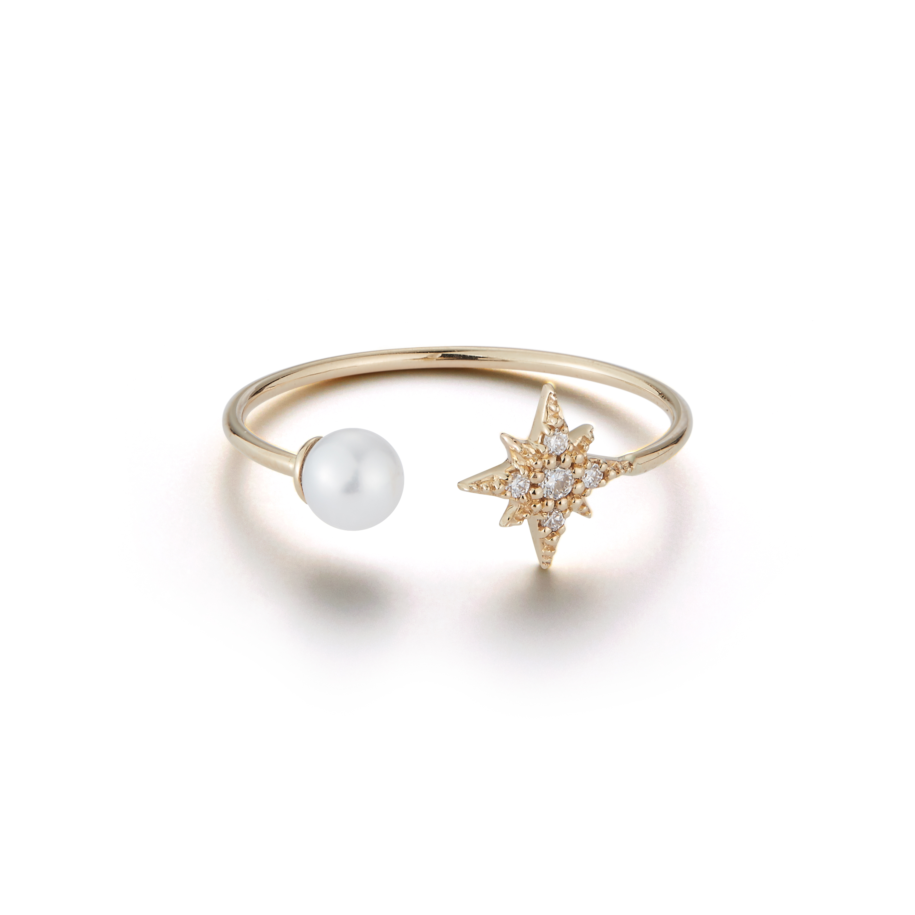 14kt Small Diamond Star And Pearl Ring