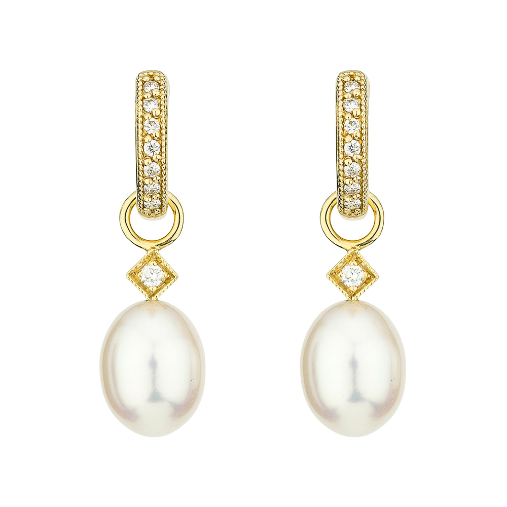 Jude Francis 18k Yellow Gold 0.05ctw 2 Round Dia W White Pearl Briolette Charms (pair)