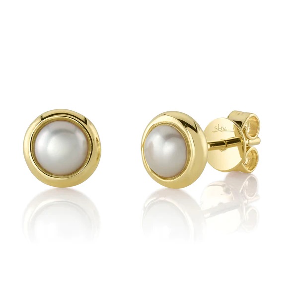 14kt Cultured Pearl Bezel Set Stud Earrings