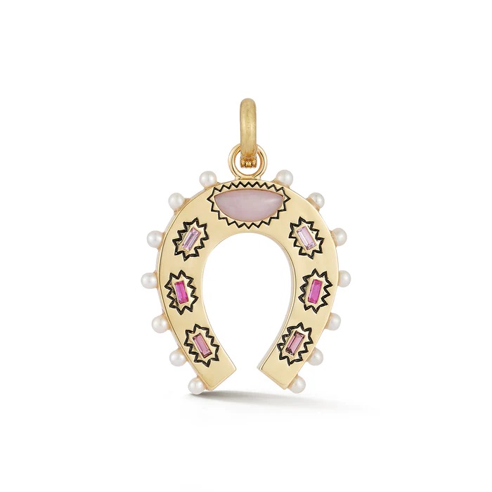 Storrow 14k Yellow Gold Pink Gemstone & Pearl Holly Horseshoe Charm (ruby, Pink Opal, Pink Tourmaline, Pearl)