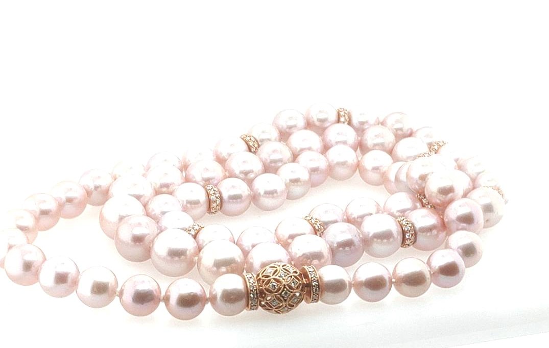 18k Rose Gold 2.40ctw Round Diamond / 9.8-13.1mm Freshwater Pink Pearls Opera Strand 34"