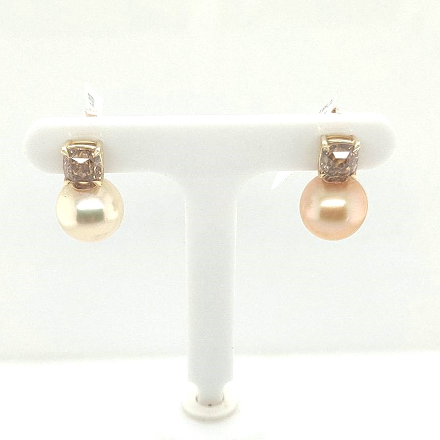 18k Yellow Gold 14.80ctw Golden Pearl / 2.01ctw Brown Fy Cushion Diamond (gia/hrd)  Stud Earrings