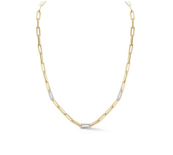 14kt Three Pave Diamond Linked Paper Clip Necklace