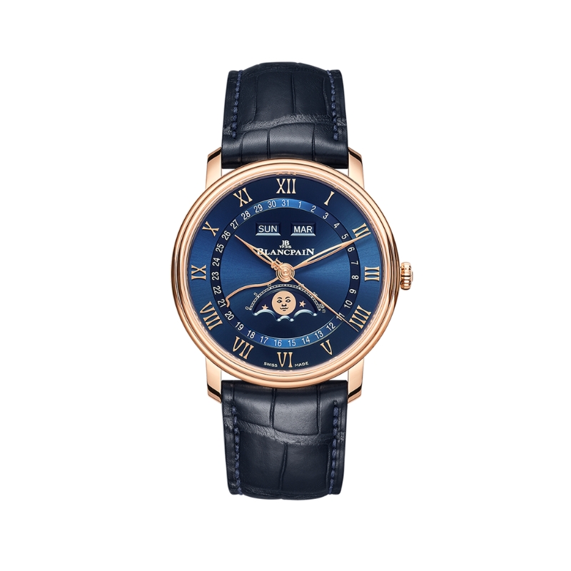 Blancpain Villeret Quaintieme Complet Moonphase 18k Red Gold 40mm Blue Dial Alligator Strap