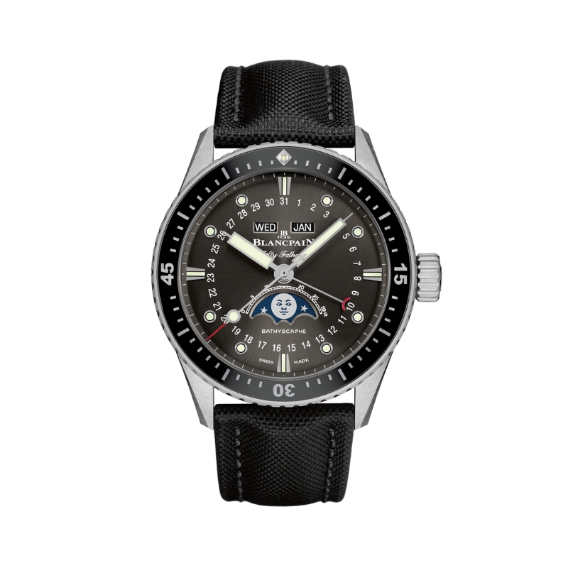 Blancpain Fifty Fathoms Bathyscaphe Stainless Steel 43mm Moonphase Grey Dial Sail Canvas Strap Pin Buckle