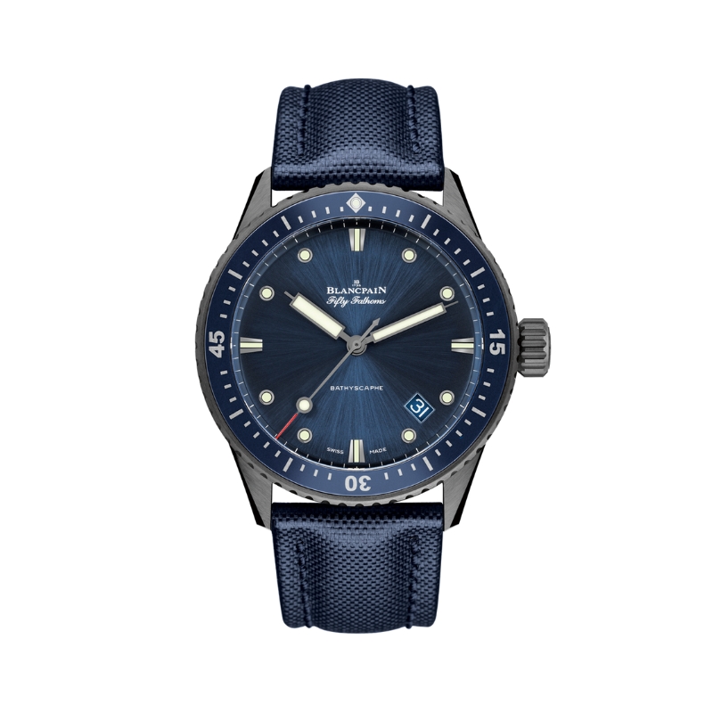 Blancpain Fifty Fathoms Bathyscaphe 43.6mm Ceramic Case And Bezel Blue Dial Sail Canvas Strap