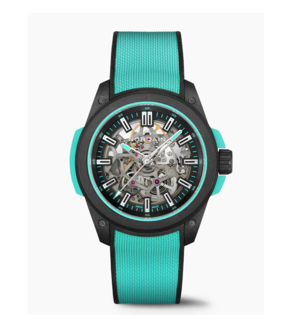 Norqain Wild One Skeleton 42 Mm Titanium And Norteq Black And Turquoise Rubber Strap