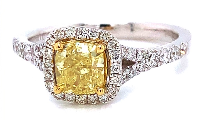 18k Wg 1.00ctr Fcy Yel 1.38cttw Cush-halo Diamond Engagement Ring Fy G-i Vs2-si2 Gia 7221359420 Inscribed itemprop=
