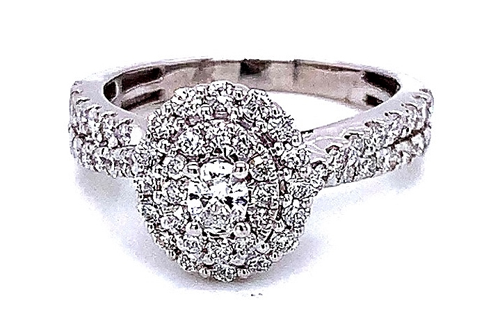 .20ctr Ov Ka .84tw 14k Wg Kaleidoscope Ctr Ov/rd Diamond Engagement Ring W/double Oval Halo F-h Si1-i1