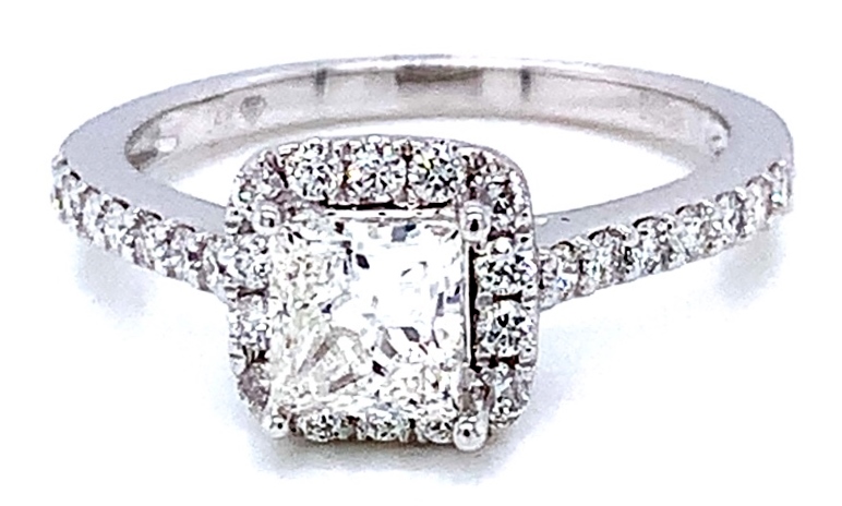 .46ctr .81tw 14k Wg Dia Ring With Cush Halo And Princess Cut Center Diamond F-h Si1-i1