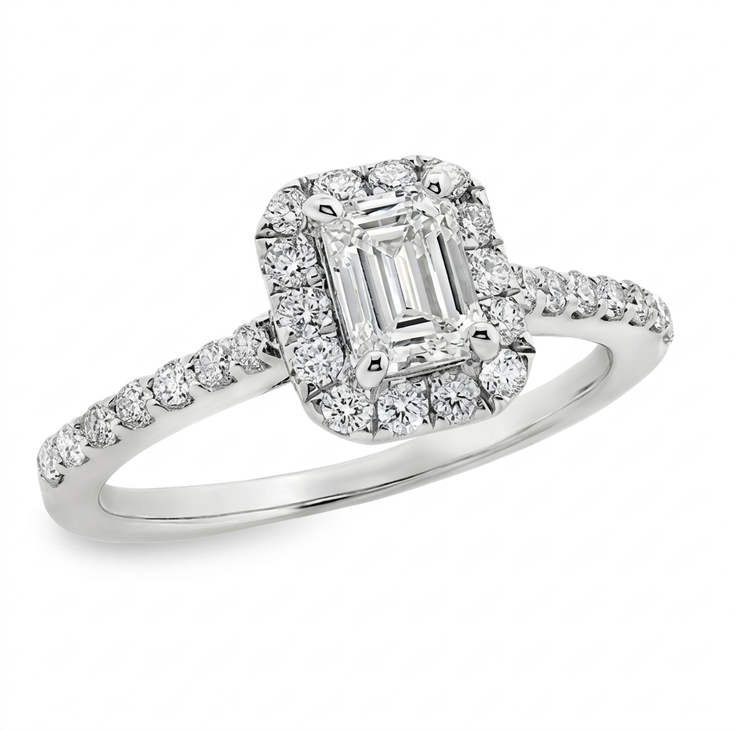 14k White Gold Emerald-cut Cushion Halo Diamond Engagement Ring itemprop=