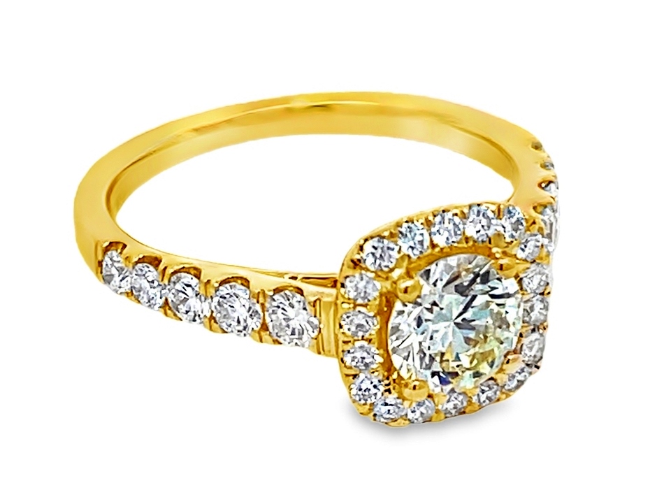 Fire & Ice Ags .71ctr 1.29cttw 18kt Yg Dia Eng Ring W/cushion Halo H-k Vs1-vs2 Ags# 104112099003 itemprop=