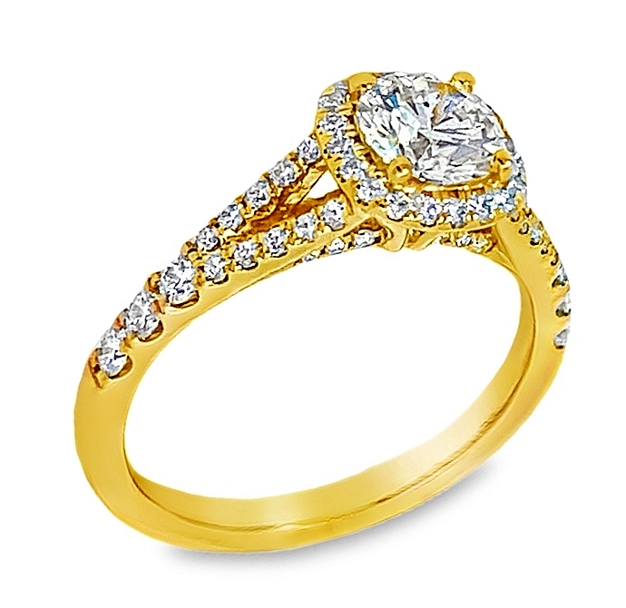 Fire & Ice Ags .70ctr 1.20ctw 18k Yg Split Shank Dia Eng Ring W/cushion Halo H-j Vs1-si1 Ags#104112727006 itemprop=