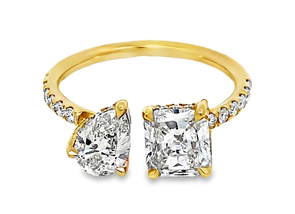 18k Yellow Gold Radiant And Pear Toi Et Moi Diamond Ring With Hidden Halo