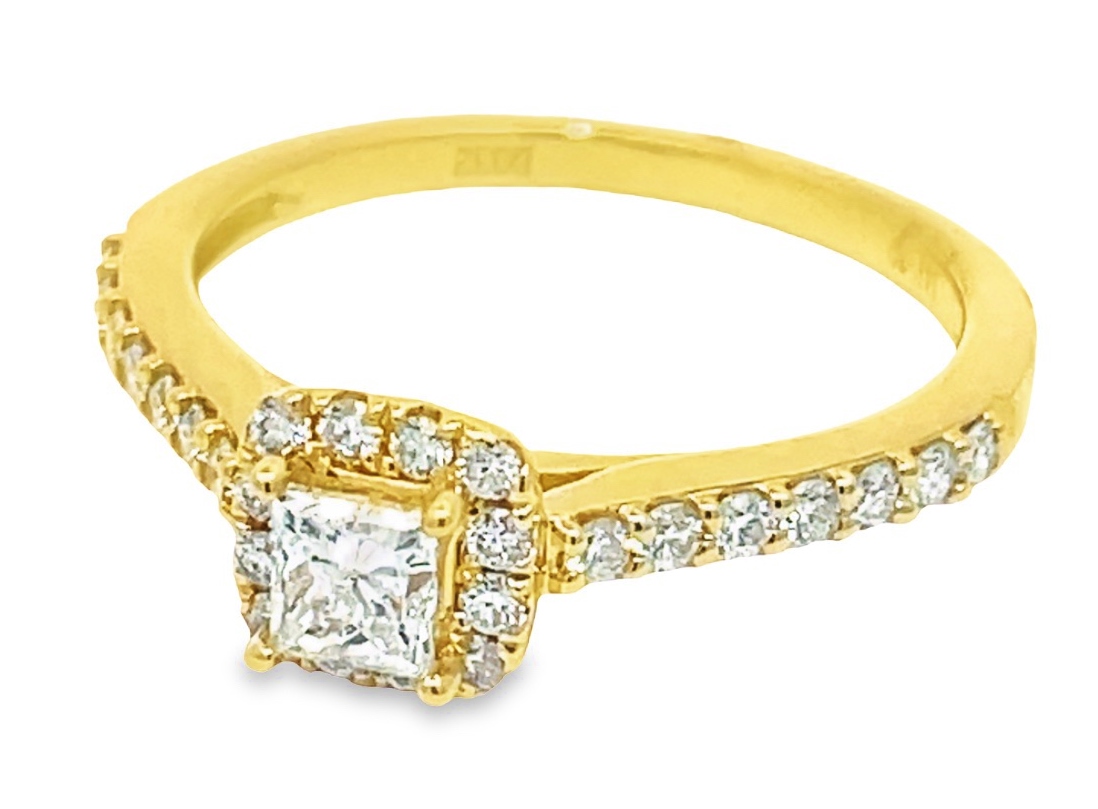 .25ctr .55cttw 14kt Yg Square Halo Diamond Engagement Ring With Princess Ctr H-i Vs1-si1