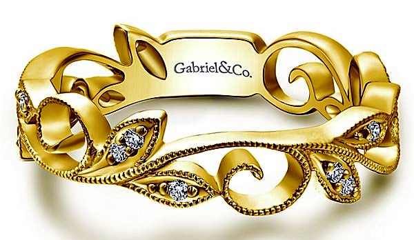 G&c .09ctw 14k Yg Stackable Diamond Filigree Leaf Band G-i Vs1-vs2 Serial#s1959868