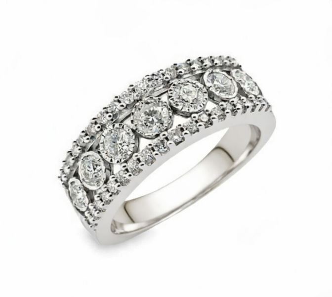 14k White Gold Illusion Three Row Diamond Band .76 Ctw