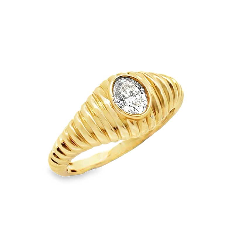 14k Yellow Gold Grooved Oval Diamond Solitaire Ring .43 Ctw