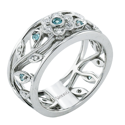 Simon G. .10 Pttw .22 Dtw 18 Wg Paraiba Tourmaline And Dia Open Floral Ring With Milgrain Edging F-h Vs1-vs2 Serial#801341 itemprop=