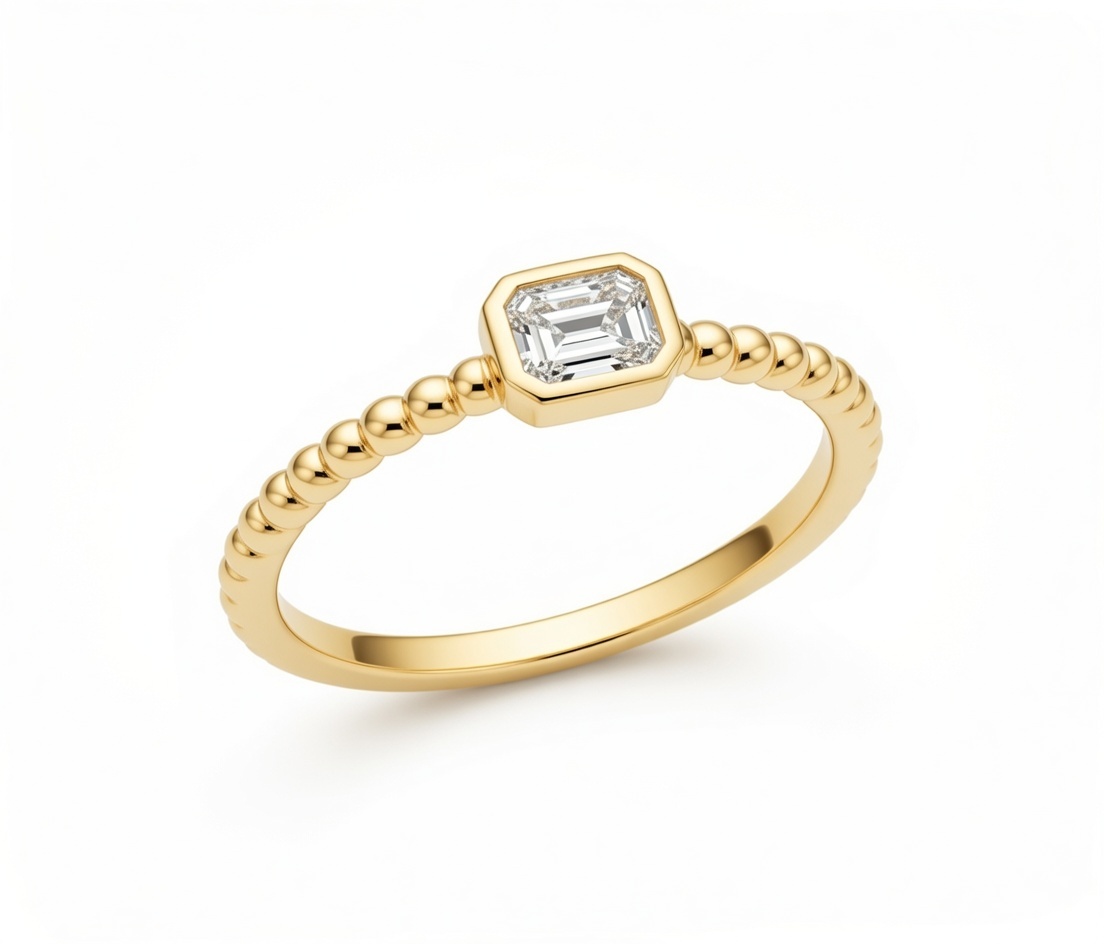 14k Yellow Gold Beaded Shank Emerald Cut Diamond Ring .20 Ctw