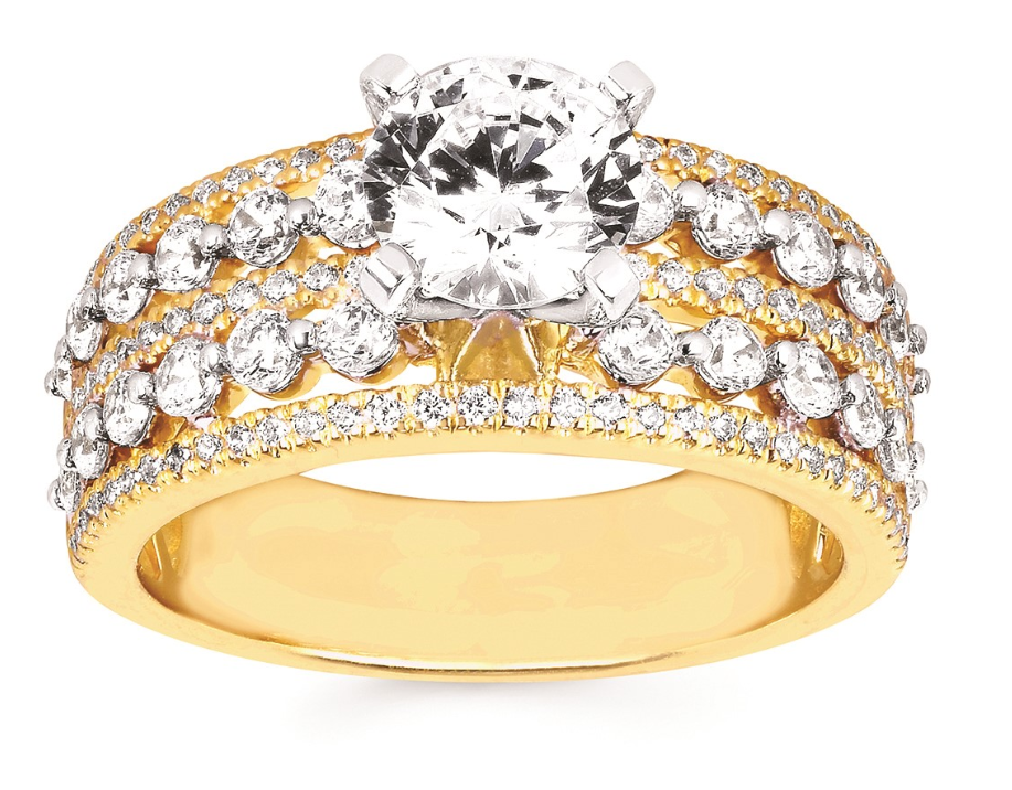 1.00cttw Cz Center 14kt Yg/wg Five Row Diamond Semi Mount For 1.00ct Ctr G-i Vs1-si1