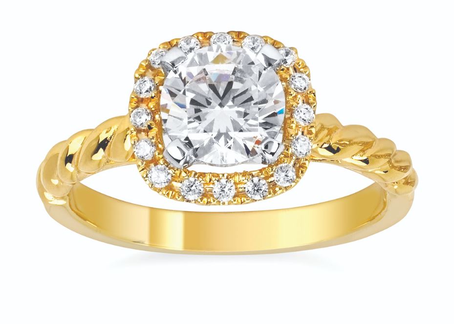 Cz Center .13cttw 14kt Yg Diamond Cushion Halo With Twisted Rope Shank For 1.0ct Ctr G-i Vs1-vs2